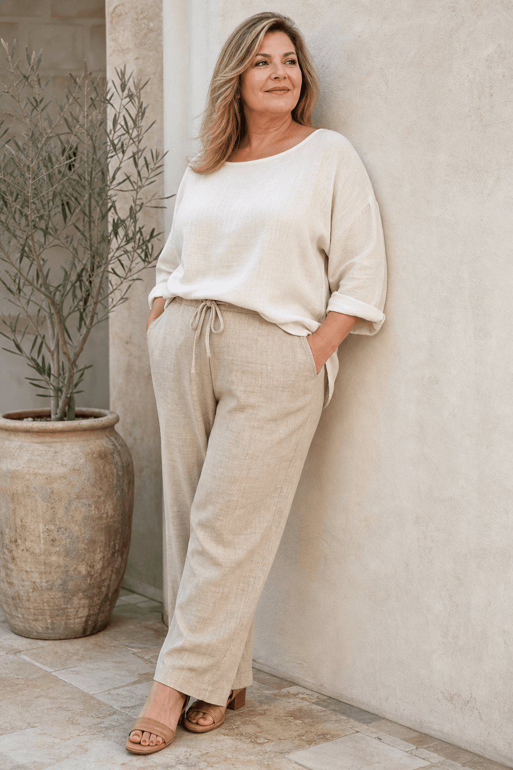 Adia broek Zand, gedragen